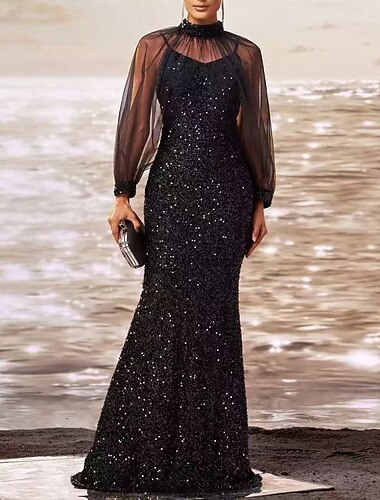  Meerjungfrauenschnitt Quinceanera-Kleider Vintage Kleid Hochzeit Schwarze-Krawatte-Gala Bodenlange Schleppe Langarm V Ausschnitt Abnehmbar Paillettenbesetzt Rückenfrei mit Glitzer Paillette 2025