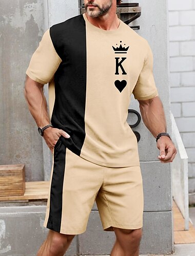  Herren Buchstabe K. 2St T-Shirts-Sets Sommeroberteile Kurzarm Kurze Hosen Rundhalsausschnitt Sport Lässig Outdoor Urlaub Sport 3D-Druck Sommer Blau Braun Grau