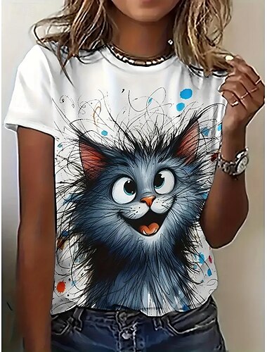  Mulheres Camiseta Tops de verão Gráfico Gato Clássico Casual Manga Curta Gola Redonda Tops curtos Diário Final de semana Imprimir Arco-íris Verão Primavera Outono