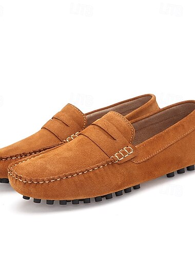  brązowe, zamszowe, męskie półbuty typu penny loafers – codzienne, wsuwane buty do jazdy samochodem z antypoślizgową podeszwą