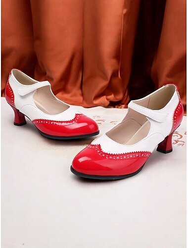  Rote und weiße Mary-Jane-Pumps für Damen im Vintage-Stil – klassische Brogue-Schuhe im 50er-Jahre-Stil für Retro-Mode, Tanz und besondere Anlässe