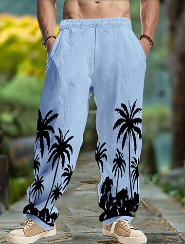  رجالي سروال الكتان بنطلونات السراويل الصيفية السراويل الفضفاضة رباط مرونة الخصر الساق المستقيمة شجرة جوز الهند راحة متنفس مكتمل الطول يوغا مناسب للبس اليومي ركض موضة عتيق / معتق أسود أبيض