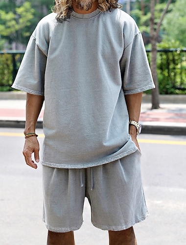  Homens Moletom Conjunto de roupas Calção Gola Redonda Ao ar livre Diário Esportes Bolsos Com Cordão 2 Peças Tecido Preto Branco Azul Marinha Poliéster Roupas Esportivas Clássico Casual Verão