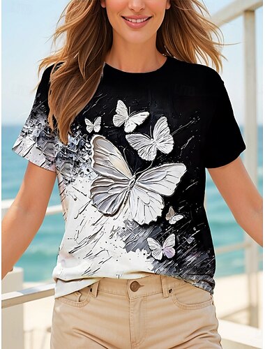  Mulheres Camiseta Gráfico Borboleta à moda Casual Manga Curta Decote Redondo Tops regulares Diário Final de semana Imprimir Branco e Preto Verão Primavera