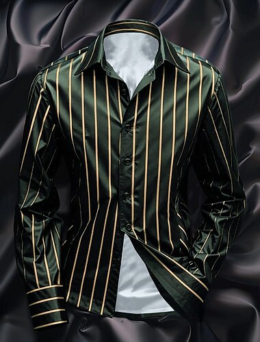  Herren Hemd Satinhemd Lässiges Hemd Gestreiftes Hemd Knopfhemd Gestreift Hochzeit Urlaub Schwarz Marineblau Grün Langarm Kragen Frühling & Herbst Bekleidung