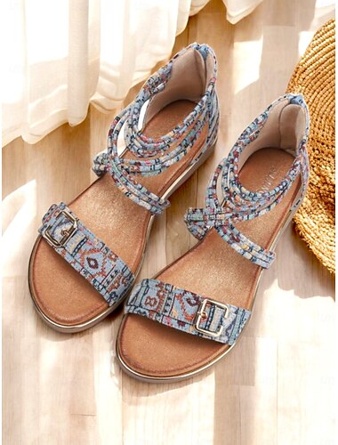  flate sandaler med stropper for kvinner – gladiatorsandaler med etnisk trykt ankelomslag med spenne for sommer-, strand- og uformelle antrekk
