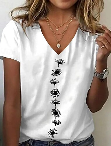  Mulheres Camiseta Floral Gráfico Plantas Casual Manga Curta Decote V Tops regulares Diário Para Noite Final de semana Imprimir Branco / Preto Branco Rosa Branco gasto Verão Primavera