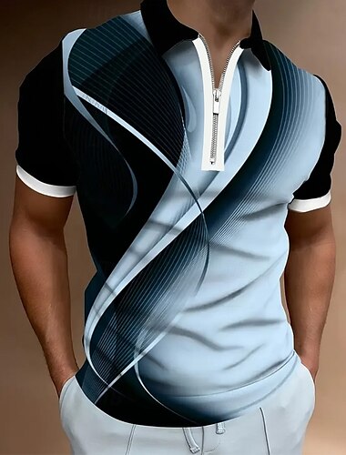  Herren Geometrisch Linie Reißverschluss-Polo Kurzarm Umlegekragen Alltagstauglich Outdoor Alltagskleidung Athleisure Reißverschluss Sommer Weiß Blau Grün
