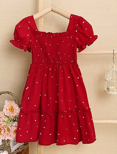  Kinder Mädchen Kleid Tupfen Kurzarm Outdoor Lässig Gerafft Mode Niedlich Polyester Über dem Knie Freizeitkleid A Linie Kleid Gepunktetes Kleid Sommer Frühling Ab 4 Jahren Rote Blau Purpur