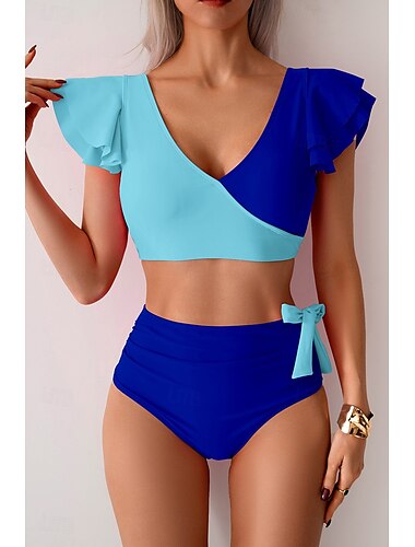  Damen Badeanzug Bikini Bademode Hoch tailliert Tropisch Strandbekleidung Farbblock V-förmiger Draht-Ausschnitt Ärmellos Badeanzüge