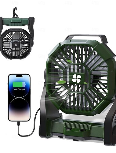  1 luz portátil para acampar al aire libre, ventilador para exteriores, banco de energía de emergencia, ventilador de carga USB, batería de larga duración, tres niveles de atenuación, cuatro niveles de velocidad del viento
