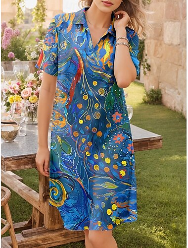  Robe chemise mini pour femme, robe trapèze, vacances, décontractée, quotidienne, rendez-vous, coupe classique, graphique, tribal, abstrait, manches courtes, col chemise, bleu, été, printemps