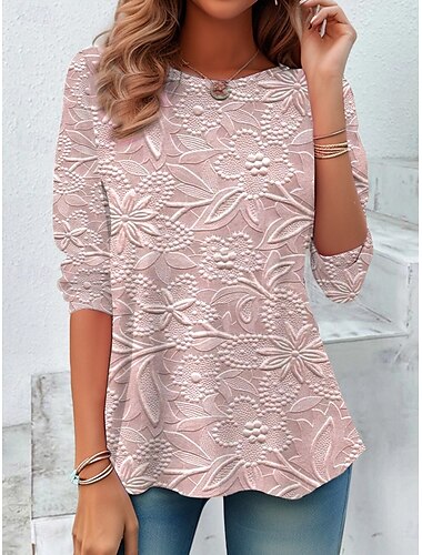  Langarm-T-Shirt für Damen, Tunika-Oberteil, 3D-Druck, Blumenmuster, lässig, langärmlig, Rundhalsausschnitt, normale Oberteile, Alltagsdruck, Silber, Rosa, Himmelblau, Khaki, Frühling/Herbst