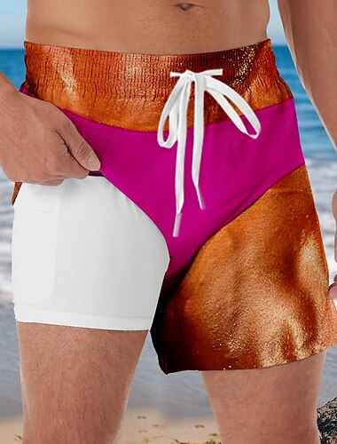  Herren Farbblock Lustig Kostüm Gefütterte Shorts 2 in 1 Badeshorts Badeshorts Mittlere Taille Hawaiianisch Urlaub Strandbekleidung Seitentaschen Mit Kompressionsfutter Elastischer Kordelzug in der
