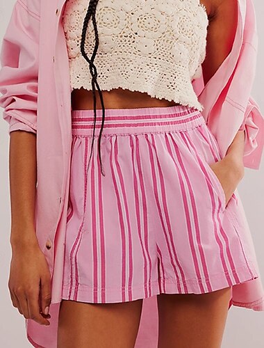  Damen Shorts aus Baumwollleinen Shorts Stoffhosen Aktiv Lässig Kurz Natürliche Taille Gestreift Tasche Atmungsaktivität Weich Mikroelastisch Urlaub Alltagskleidung Hyazinth Gelb Rosa Blau Sommer