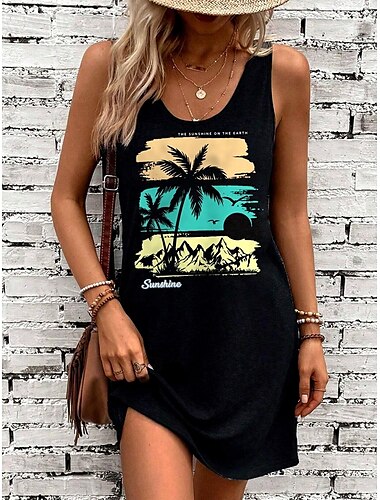  Damen Minikleid A Linie Kleid Sommerkleid Schulterfreies Kleid Urlaub Lässig Lässiger Schnitt Grafik Blatt Ärmellos U-Ausschnitt Schwarz Sommer