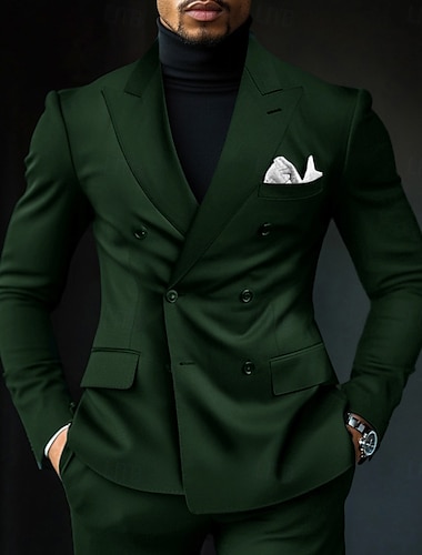  Trajes de Negocios para Hombre Trajes de Regreso a Casa Corbata Negra Boda Verde Oscuro Formal Trabajo Color Sólido Ajuste Estándar 2 Piezas Doble Botón Seis botones