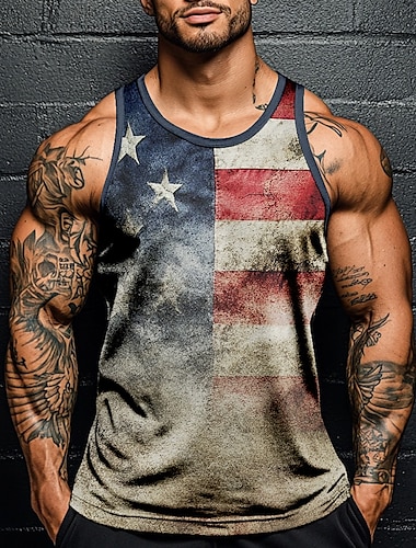  T-shirt sans manches avec drapeau américain pour hommes Patriote Patriotic Veteran du Jour des Anciens Combattants T-shirt à imprimé 3D Col rond Vêtements de vacances décontractés hawaïens Gris Été