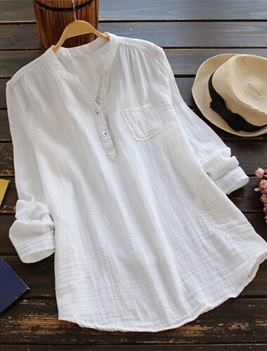  Mujer Camisa Camisas inspiradas en el lino Blusa Plano Básico Casual Manga Larga Escote en Pico Tops regulares Diario Festivos Botones Bolsillo Blanco Rosa Azul Marino Verano
