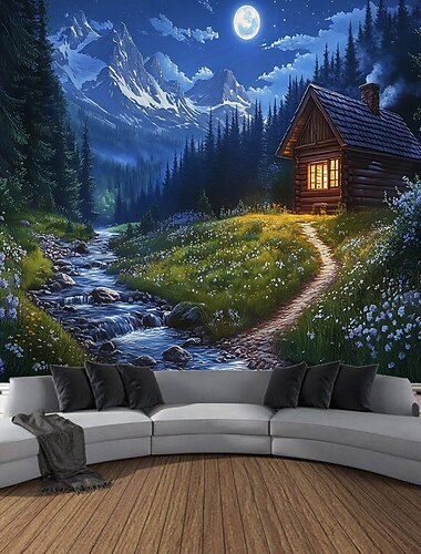  屋外の家 月 植物 風景 吊り下げタペストリー 壁アート 大きなタペストリー 壁画 装飾 写真 背景 ブランケット カーテン 自宅 寝室 リビングルーム 装飾