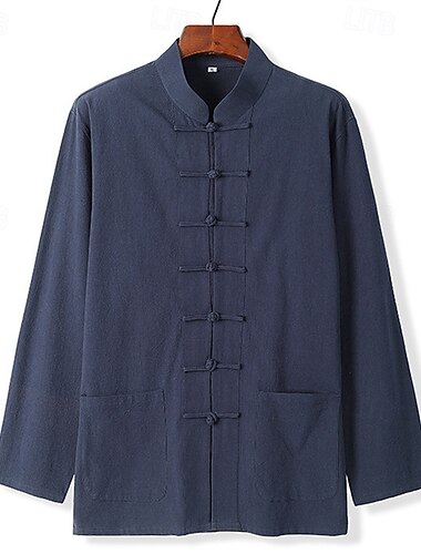  Per uomo Camicia Camicia di lino Camicia casual Camicia con Bottoni Camicia di cotone Semplice Vacanza Camicia hawaiana Nero Bianco Blu marino Verde scuro Manica Lunga Collo alla coreana Primavera