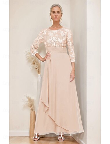  Vestido de la madre de la novia en A Vestido elegante Vintage Simple Escote de joya Largo hasta el suelo Chiffon Manga 3/4 con hojas de encaje con lentejuelas