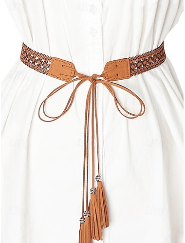  Cinturón de borlas con cordones estilo bohemio para mujer: cinturón de gamuza sintética calado estilo vintage, cinturón ancho ajustable para vestidos, festivales y atuendos casuales