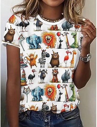  Mulheres Camiseta Tops de verão Gráfico Animal Clássico Casual Manga Curta Gola Redonda Tops curtos Diário Final de semana Imprimir Arco-íris Verão Primavera Outono