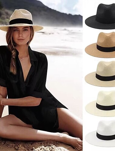  Sombrero de sol unisex de verano, sombrero Panamá de ala ancha con protección UV, sombrero de playa para viajes &Parasol para exteriores para hombre. & mujer