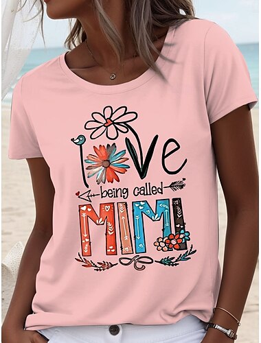  母の日 女性用 Tシャツ フラワー グラフィック レタード カジュアル 半袖 ラウンドネック レギュラートップス 日常 プリント ピンク スカイブルー オフホワイト 夏
