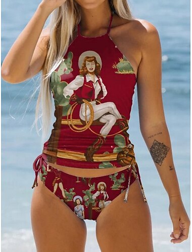  Damen Badeanzüge Tankini 2-teilig Lässiger Badeanzug Bauchweg Schlank Urlaub Strandbekleidung Grafik Buchstaben Rundhals Ärmellose Bikinis