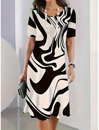  Femmes Robe Midi Robe d'été Robe de Printemps Élégant Vacances Vacances Quotidien Fête Coupe Ample Marbre Manche Courte Col ras du cou Noir Été Printemps