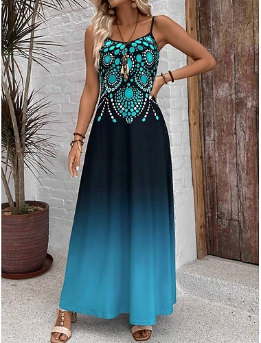  Dames Maxi-jurk Casual jurk A lijn jurk Zomerjurk Slipdress Vakantie Vintage Etnisch Dagelijks Normale pasvorm Ombre Grafisch Mouwloos V-hals blauw Zomer Lente