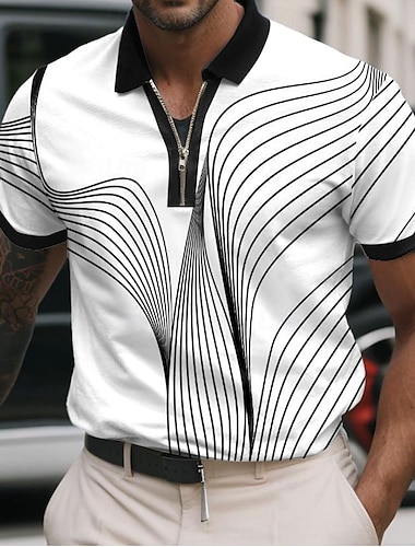  Herr Geometrisk Linje Pikétröjor med dragkedja Kortärmad Polotröjor Skjortor med krage Business Casual Företag Fritids- Klä till Jobbet Dagliga kläder 3D-utskrift Sommar Svart Vit