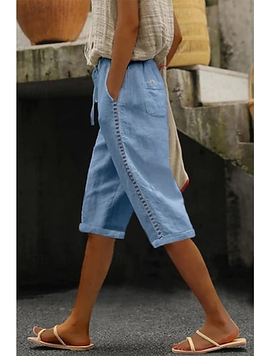  Mujer Pantalones de lino y algodón pantalones Cultivo Ropa de calle Casual Longitud de la rodilla Cintura Media Plano Bolsillo Diseño de cordón elástico Transpirabilidad Suave Microelástico Casual