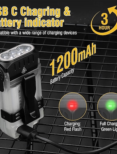  LED kleine leistungsstarke EDC-Taschenlampe mit warmweißem rotem Licht, hell 1200 lm, USB-C wiederaufladbar, 10 Modi, Mini-Taschen-Schlüsselanhänger-Taschenlampe mit Clip, IP67 wasserdicht