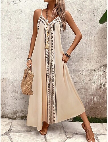  Dames Maxi-jurk Zonnejurk A lijn jurk Slipdress Vakantie Casual Uitgaan Strand Normale pasvorm Grafisch Geometrisch Mouwloos V-hals Khaki Zomer Lente