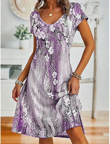  Damen Minikleid Freizeitkleid Lässig Täglich Normale Passform Blumen Kurzarm Rundhalsausschnitt Blau Purpur Grün Sommer