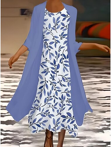  Damen Abschlusskleid Maxi Kleid Kleider Set Sommerkleid Urlaub Lässig Ombre Blumenmuster 3/4 Länge Ärmel Rundhals Hochzeitsgast Geburtstag Himmelblau Helllila Sommer Frühling Reguläre Passform
