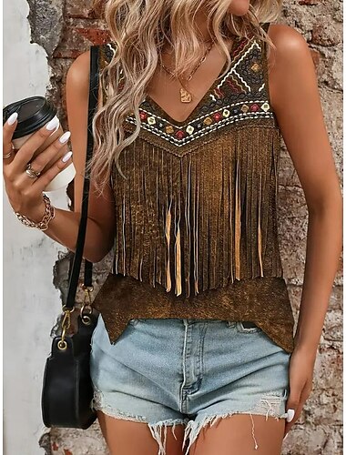  Kvinnors Spaghetti-Top Boho Tank Top Western Tank Top Grafisk Bohemia Vintage Etnisk Ärmlös V-Hals Vanliga Toppar Dagliga Semester Tryck Khaki Sommar