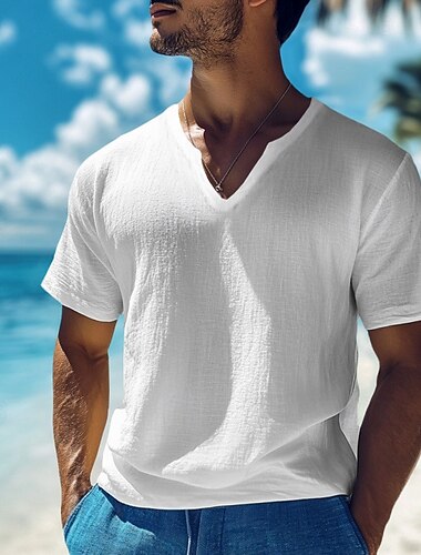  Hombre Camiseta de lino y algodón Camiseta superior Mangas cortas Escote en Pico Verano Plano Moda Design Básico Clásico Vacaciones Casual Diario Negro Blanco Amarillo Camiseta superior para hombre