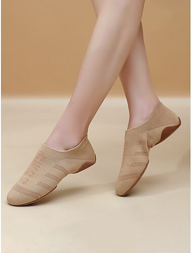  beige Jazztanzschuhe mit geteilter Sohle für Damen – weiche Ballerinas aus Stretch-Strick für das Studiotraining