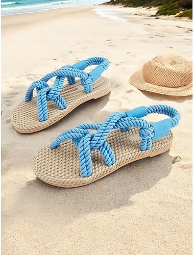  Blaue Seilsandalen für Damen – handgefertigte, geknotete Riemchensandalen für Sommer, Strandurlaub und Freizeit