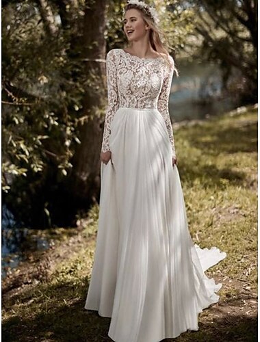  Robes de mariée Ligne A Col ras du cou manche longue Traîne Balayage Dentelle Robes de mariée Avec Couleur Unie 2025