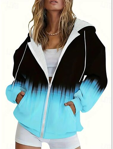  Mujer Talla grande Sudaderas con cremallera Geométrico Vintage Deportes Ropa de calle Manga Larga Con Capucha Tops regulares Casual Festivos Cerrar Correa Bolsillo delantero Negro Rojo Azul Piscina