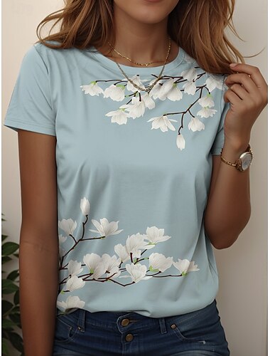  Damen T Shirt Blumen Grafik Vintage Stilvoll Lässig Kurzarm Rundhals Normale Oberteile Täglich Wochenende Druck Gelb Rote Blau Leicht Blau Sommer Frühling
