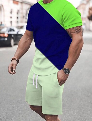  Herren Farbblock-Nähte 2St T-Shirts-Sets Sommeroberteile Kurzarm Kurze Hosen Rundhalsausschnitt Sport Lässig Outdoor Urlaub Täglich Bedruckt Sommer Gelb Orange Grün