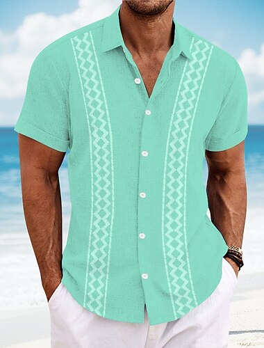  Men's Geometric Shirt Guayabera Shirt Button Up Shirt Short Sleeve Fashion Casual Vacation Dailywear Beach Wear Summer Spring Turndown Collared Shirts White Pink Blue Green