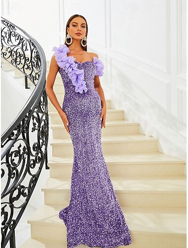  Abiti A-Line  Tromba Quinceanera Abito Elegante Matrimonio Ospite Matrimonio Strascico/Spazzola Senza Maniche Spalla Scoperta in Poliestere Senza Schiena con Paillettes