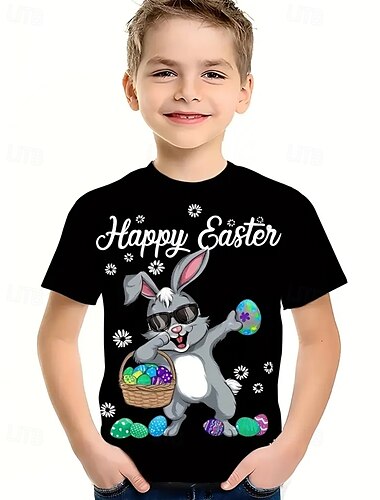  Ragazzi 3D Coniglio Maglietta Manica Corta Estate Primavera Moda Essenziale Bambini 4-12 Anni Girocollo All'aperto Casuale Quotidiano Vestibilità regolare
